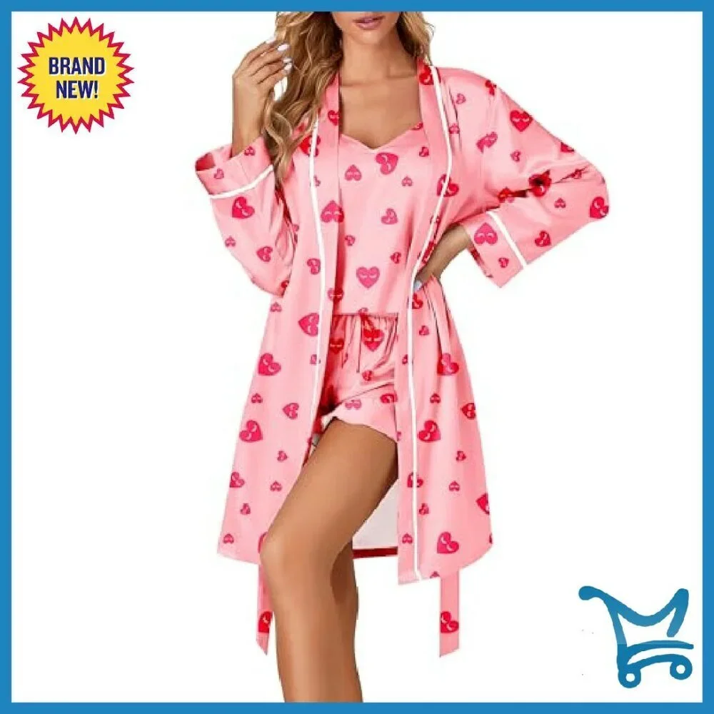Satin Pajama Set with Robe - 3pc Sleepwear - Sizes XS-XXL